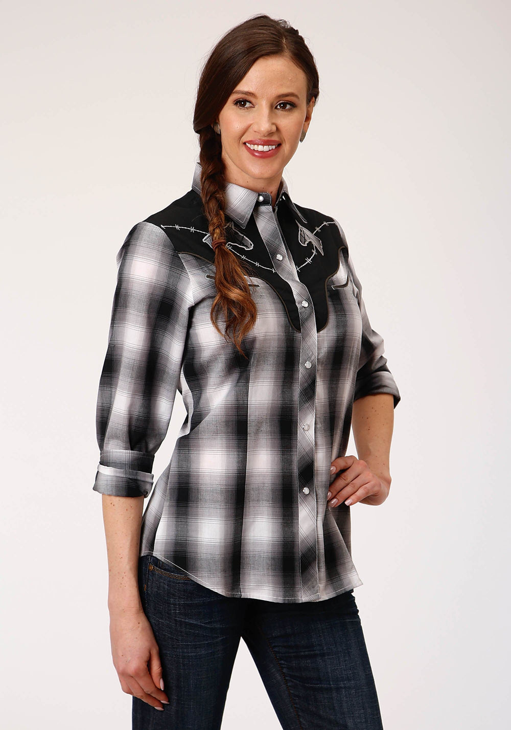 Roper Womens Long Sleeve Snap Black White And Grey Plaid Western Shirt - Roper