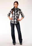 Roper Womens Long Sleeve Snap Black White And Grey Plaid Western Shirt - Roper