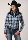 Roper Womens Long Sleeve Snap Light Blue And Navy Plaid Western Shirt - Roper