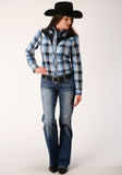 Roper Womens Long Sleeve Snap Light Blue And Navy Plaid Western Shirt - Roper