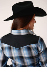 Roper Womens Long Sleeve Snap Light Blue And Navy Plaid Western Shirt - Roper - Flyclothing LLC