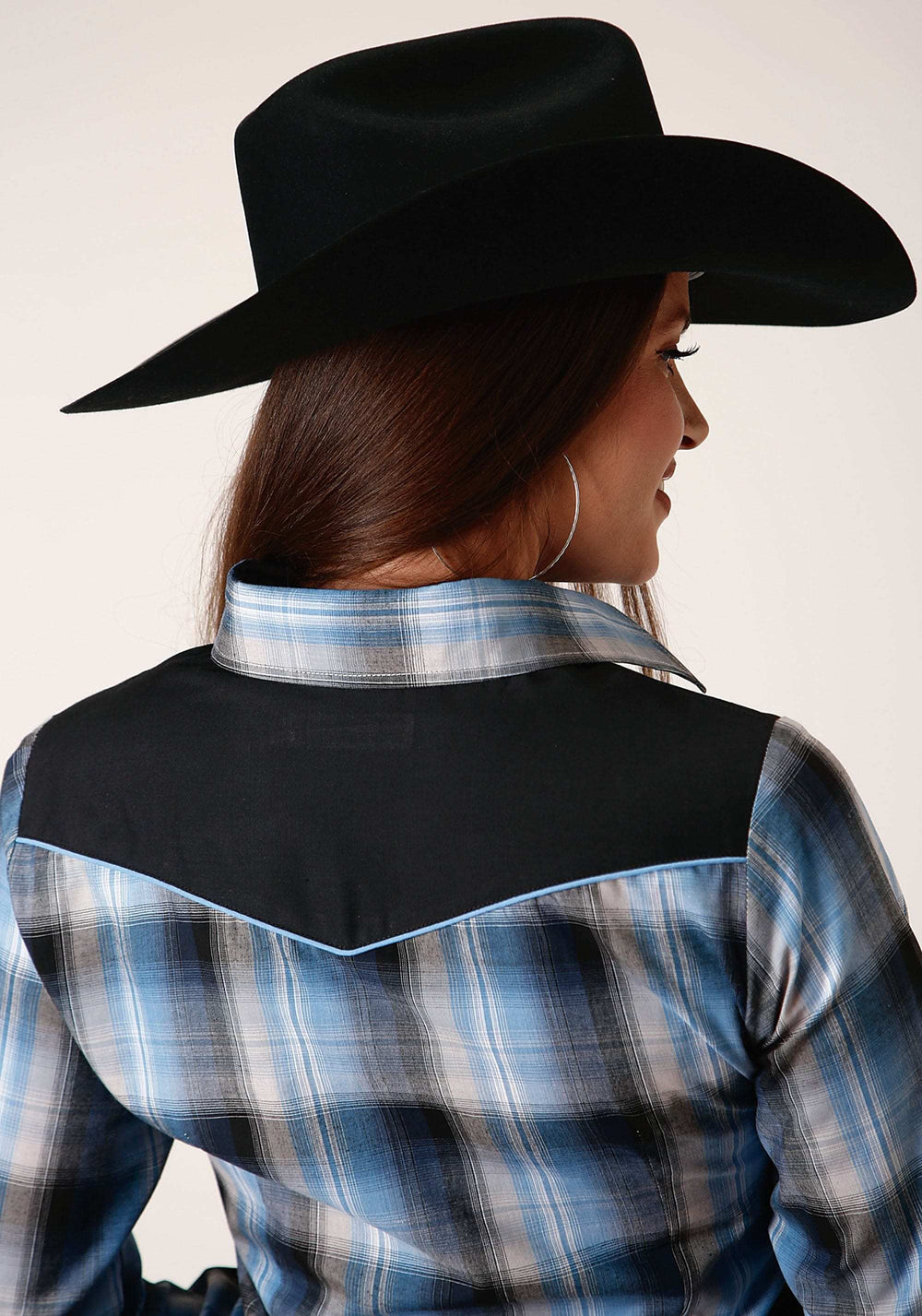 Roper Womens Long Sleeve Snap Light Blue And Navy Plaid Western Shirt - Roper - Flyclothing LLC