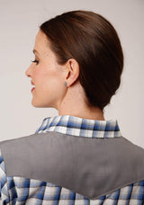 Roper Womens Long Sleeve Snap Royal Black And Cream Plaid Western Shirt - Roper - Flyclothing LLC