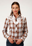 Roper Womens Long Sleeve Snap Butterscotch Light Blue Cream Plaid Western Shirt - Roper