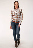 Roper Womens Long Sleeve Snap Butterscotch Light Blue Cream Plaid Western Shirt - Roper