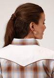 Roper Womens Long Sleeve Snap Butterscotch Light Blue Cream Plaid Western Shirt - Roper