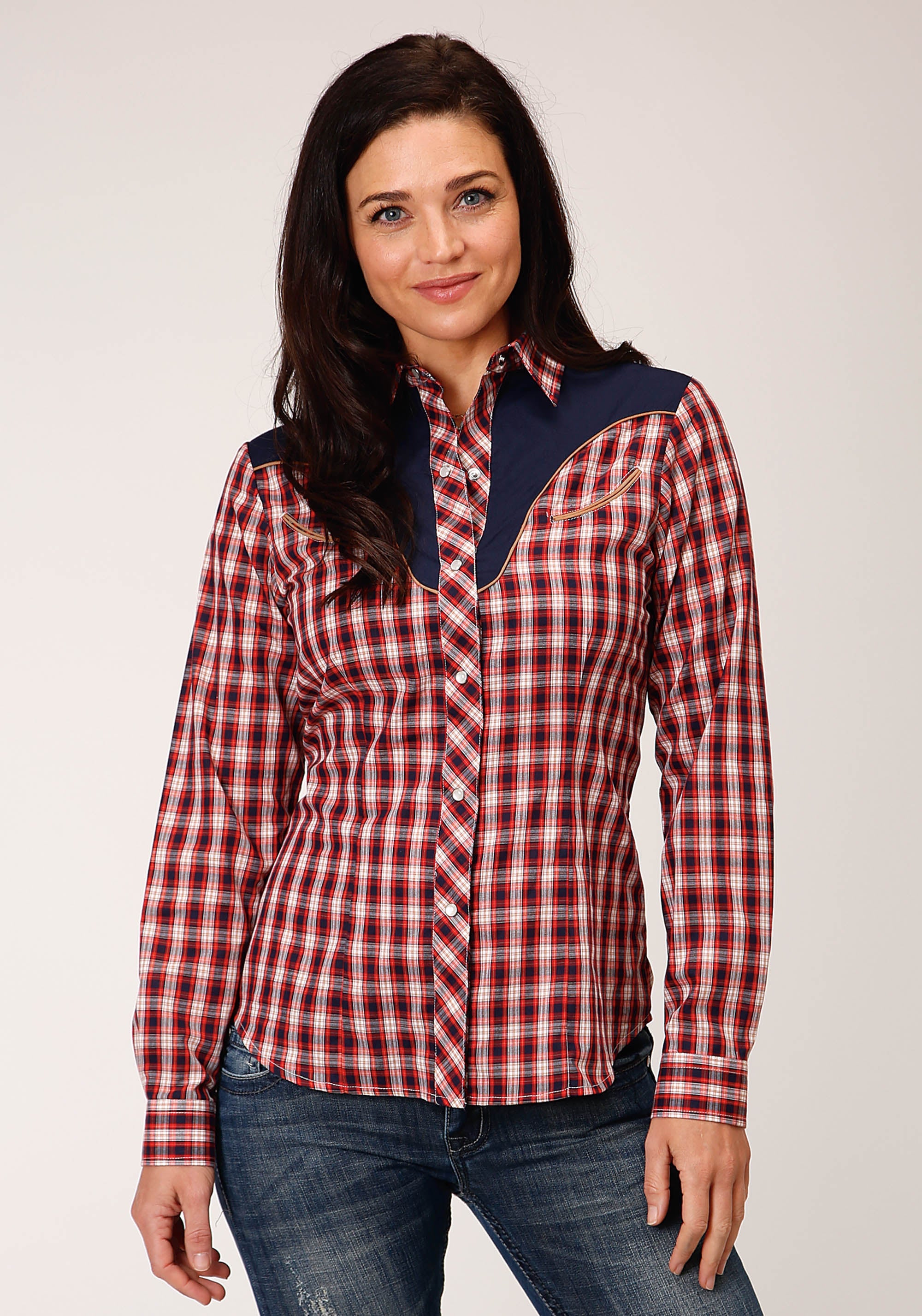 Roper Womens Long Sleeve Snap Red Navy And Cream Small Plaid Scale Western Shirt