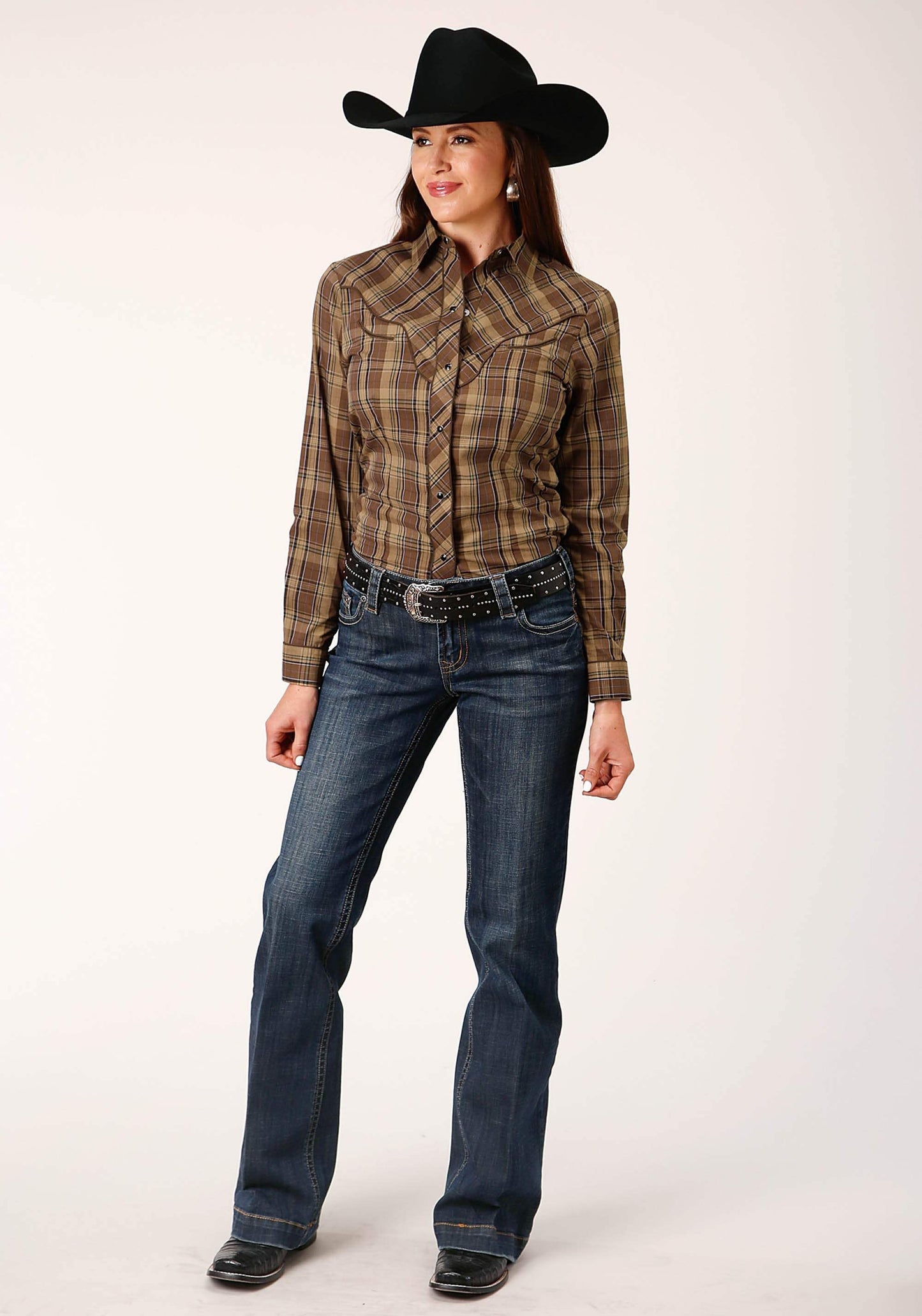 Roper Womens Long Sleeve Snap Multi Brown Plaid Western Shirt - Roper - Flyclothing LLC