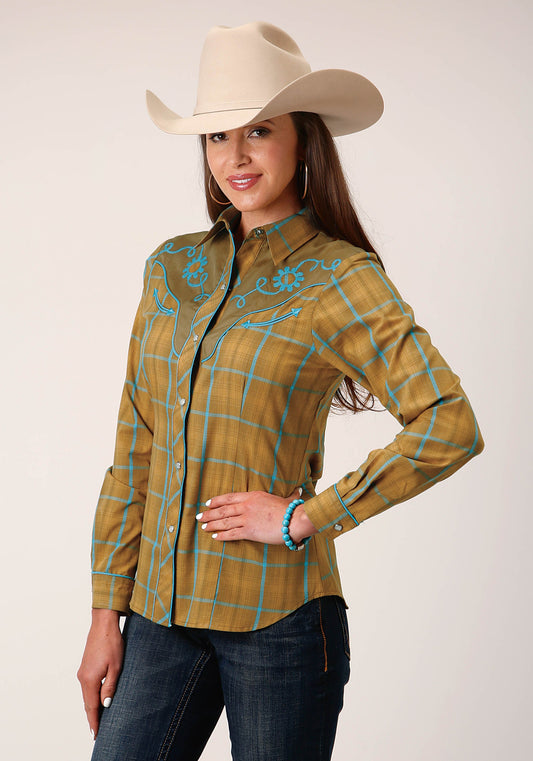Roper Womens Long Sleeve Snap Butterscotch Turquoise Plaid Western Shirt