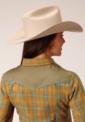 Roper Womens Long Sleeve Snap Butterscotch Turquoise Plaid Western Shirt