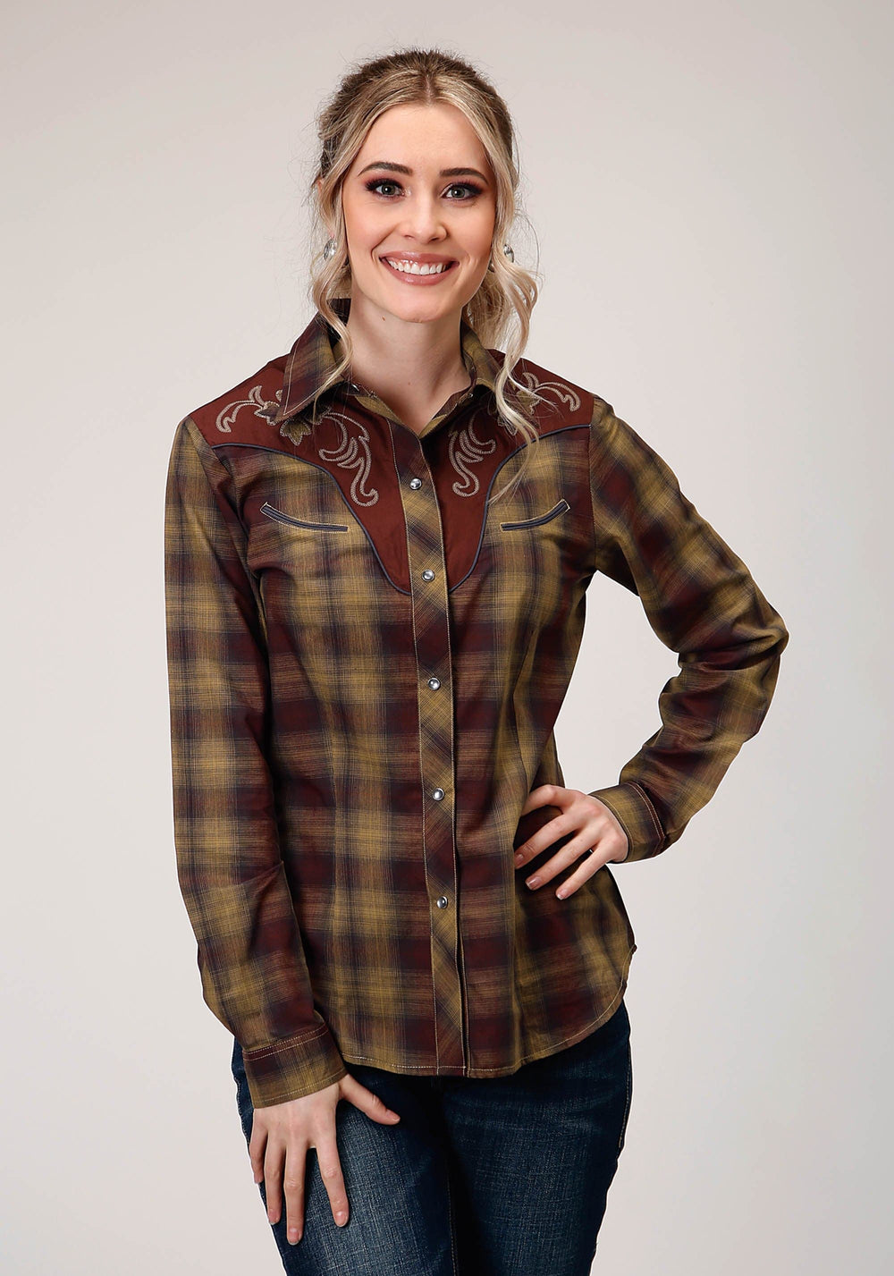 Roper Womens Long Sleeve Snap Caramel And Grey Plaid Western Shirt - Roper
