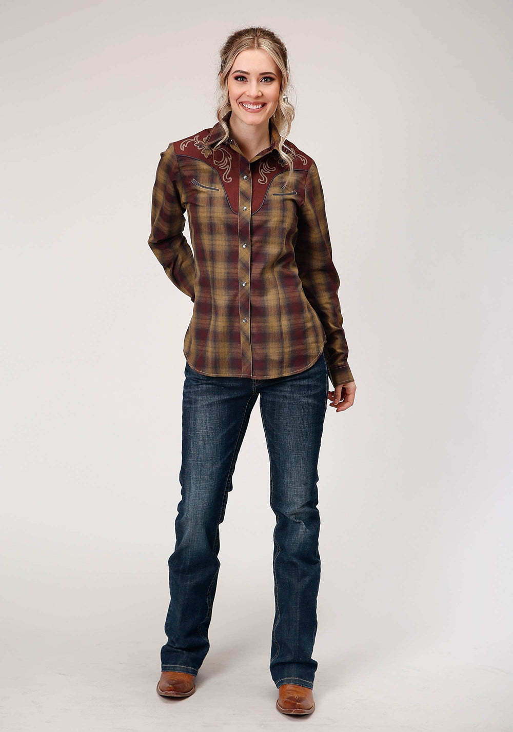 Roper Womens Long Sleeve Snap Caramel And Grey Plaid Western Shirt - Roper - Flyclothing LLC