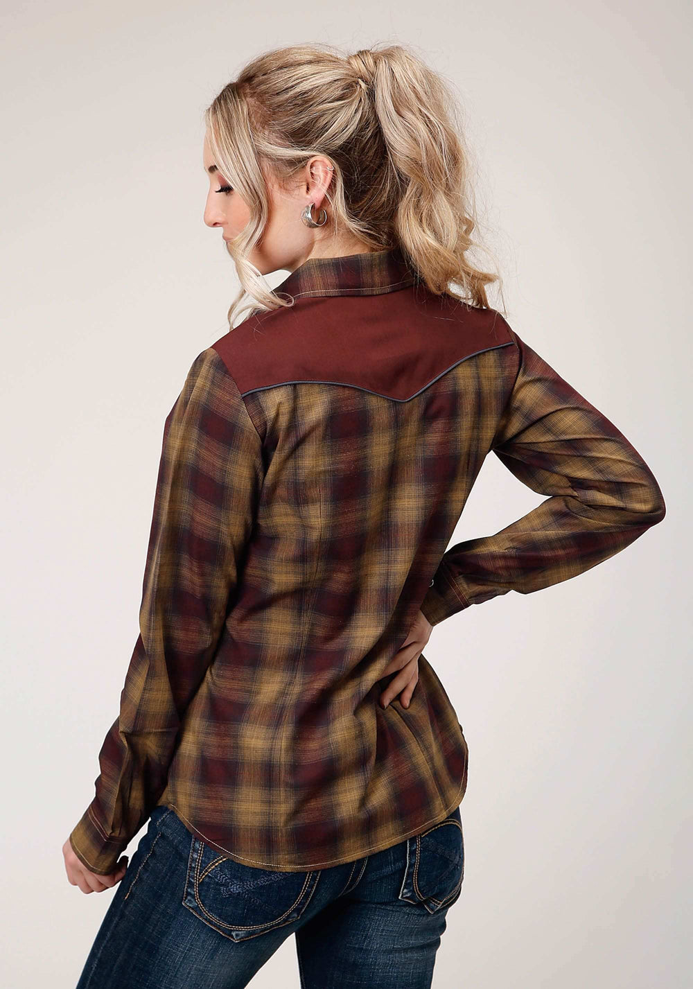 Roper Womens Long Sleeve Snap Caramel And Grey Plaid Western Shirt - Roper - Flyclothing LLC