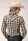 Roper Womens Long Sleeve Snap Black Cream And Olive Plaid Western Shirt - Roper
