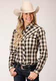 Roper Womens Long Sleeve Snap Black Cream And Olive Plaid Western Shirt - Roper