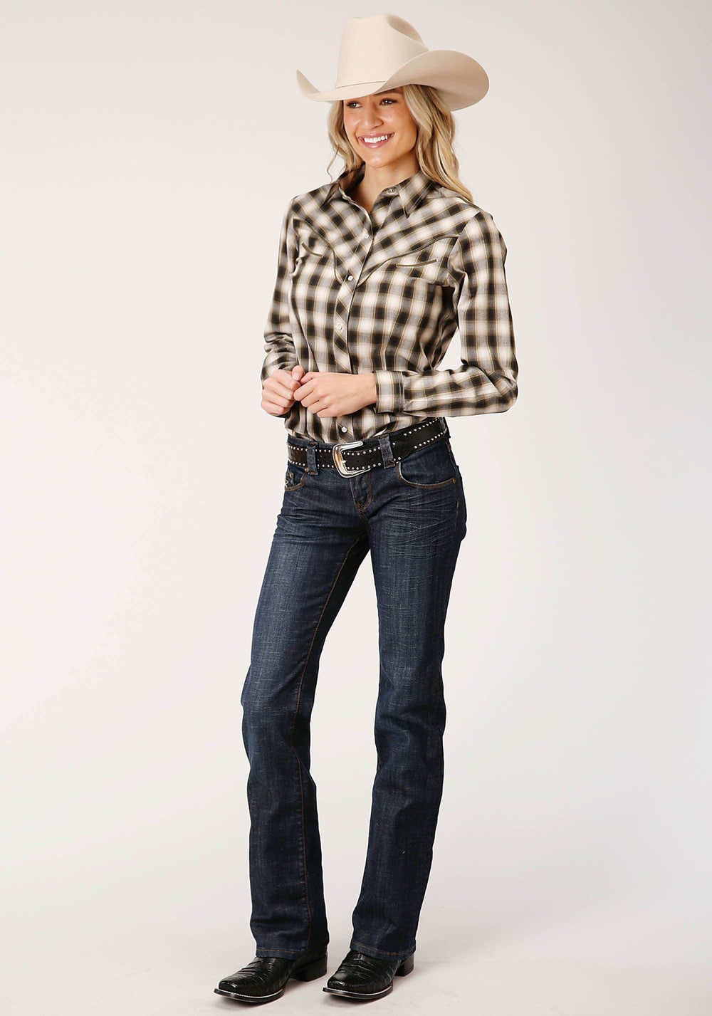 Roper Womens Long Sleeve Snap Black Cream And Olive Plaid Western Shirt - Roper - Flyclothing LLC