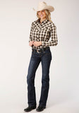 Roper Womens Long Sleeve Snap Black Cream And Olive Plaid Western Shirt - Roper