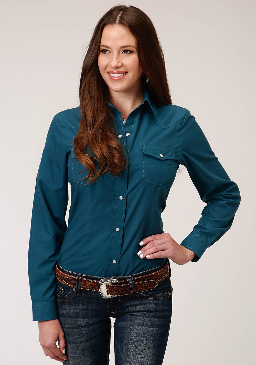 Roper Womens Long Sleeve Snap Solid Broadcloth Deep Teal Western Shirt - Roper