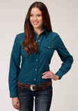 Roper Womens Long Sleeve Snap Solid Broadcloth Deep Teal Western Shirt - Roper
