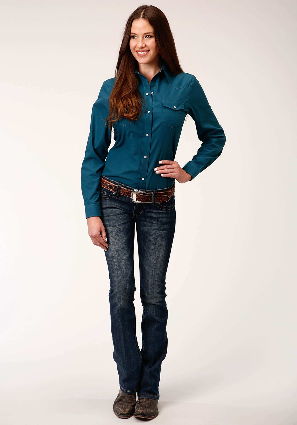 Roper Womens Long Sleeve Snap Solid Broadcloth Deep Teal Western Shirt - Roper - Flyclothing LLC