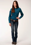 Roper Womens Long Sleeve Snap Solid Broadcloth Deep Teal Western Shirt - Roper