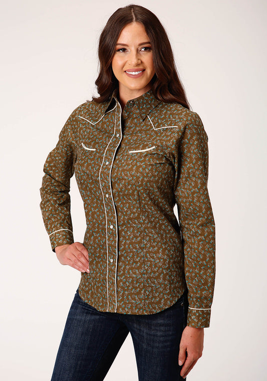 Roper Womens Long Sleeve Snap Brown Turquoise And Cream Mini Floral Western Shirt