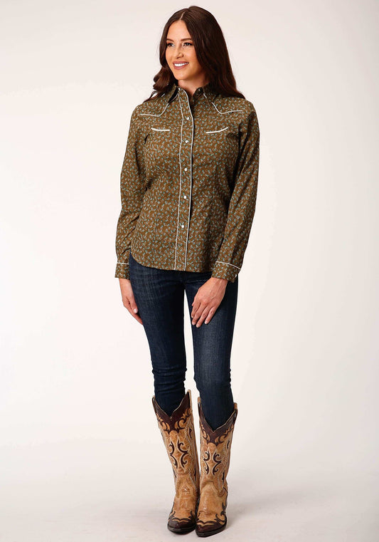 Roper Womens Long Sleeve Snap Brown Turquoise And Cream Mini Floral Western Shirt - Roper - Flyclothing LLC