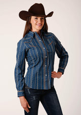 Roper Womens Long Sleeve Snap Navy Khaki Floral Wallpaper Print Western Shirt - Roper - Flyclothing LLC