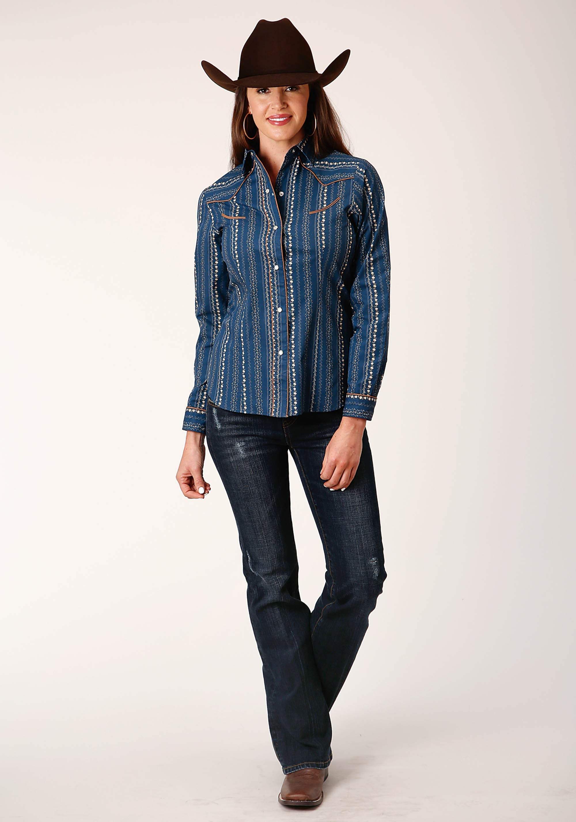 Roper Womens Long Sleeve Snap Navy Khaki Floral Wallpaper Print Western Shirt - Roper - Flyclothing LLC