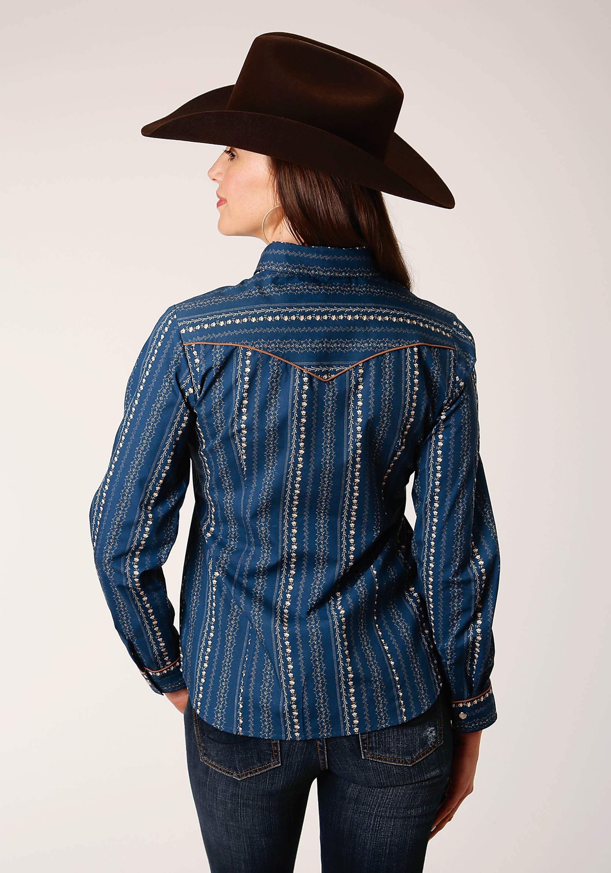 Roper Womens Long Sleeve Snap Navy Khaki Floral Wallpaper Print Western Shirt - Roper - Flyclothing LLC