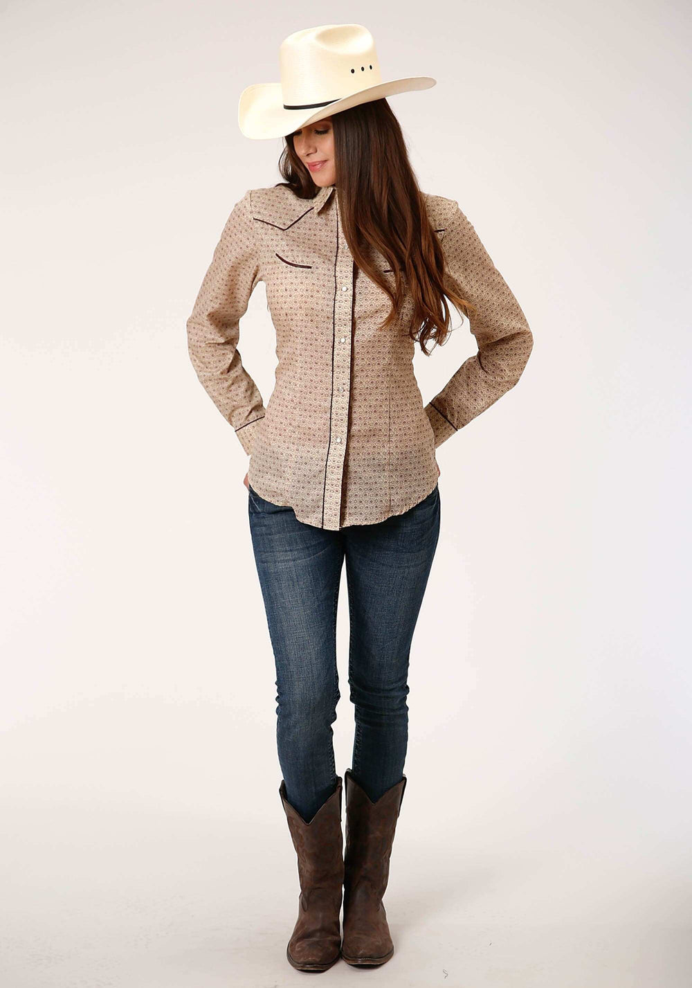 Roper WOMENS LONG SLEEVE SNAP BEIGE AND RUST VINTAGE FLORAL PRINT WESTERN SHIRT - Roper - Flyclothing LLC