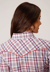 Roper Womens Long Sleeve Snap Cream Red Orange Navy Plaid Western Shirt