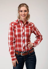 Roper Womens Long Sleeve Snap Orange Red And White Windowpane Western Shirt - Roper