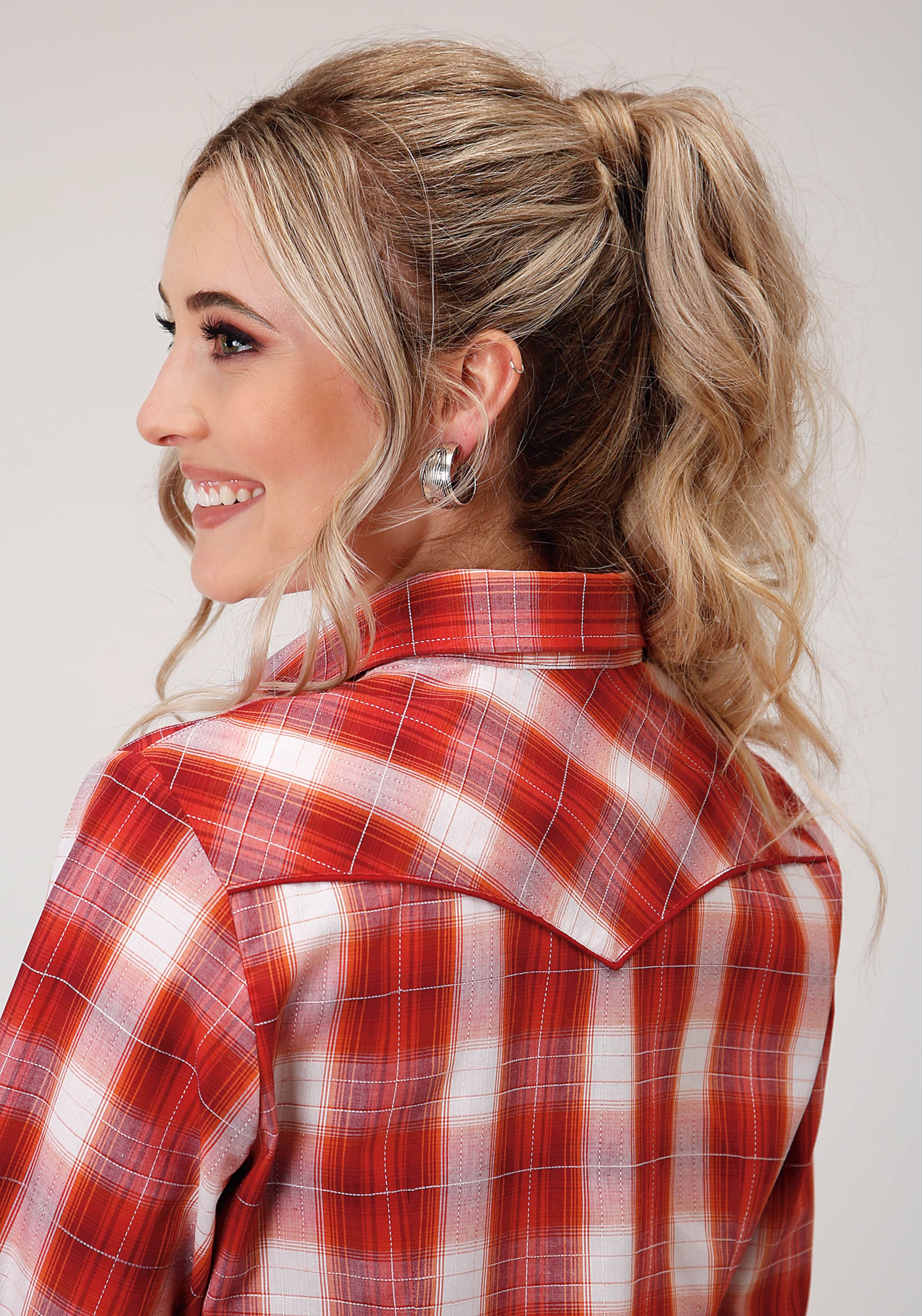 Roper Womens Long Sleeve Snap Orange Red And White Windowpane Western Shirt - Roper