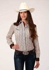 Roper Womens Long Sleeve Snap Cream And Brown Wallpaper Stripe Western Shirt - Roper - Flyclothing LLC