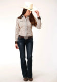 Roper Womens Long Sleeve Snap Cream And Brown Wallpaper Stripe Western Shirt - Roper