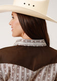 Roper Womens Long Sleeve Snap Cream And Brown Wallpaper Stripe Western Shirt - Roper