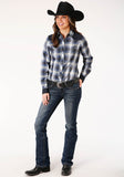 Roper Womens Long Sleeve Snap Navy Royal And White Plaid Western Shirt - Roper