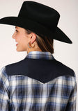 Roper Womens Long Sleeve Snap Navy Royal And White Plaid Western Shirt - Roper
