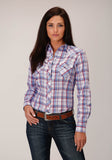Roper Womens Long Sleeve Snap White Berry Light Blue Plaid Western Shirt - Roper