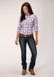 Roper Womens Long Sleeve Snap White Berry Light Blue Plaid Western Shirt - Roper