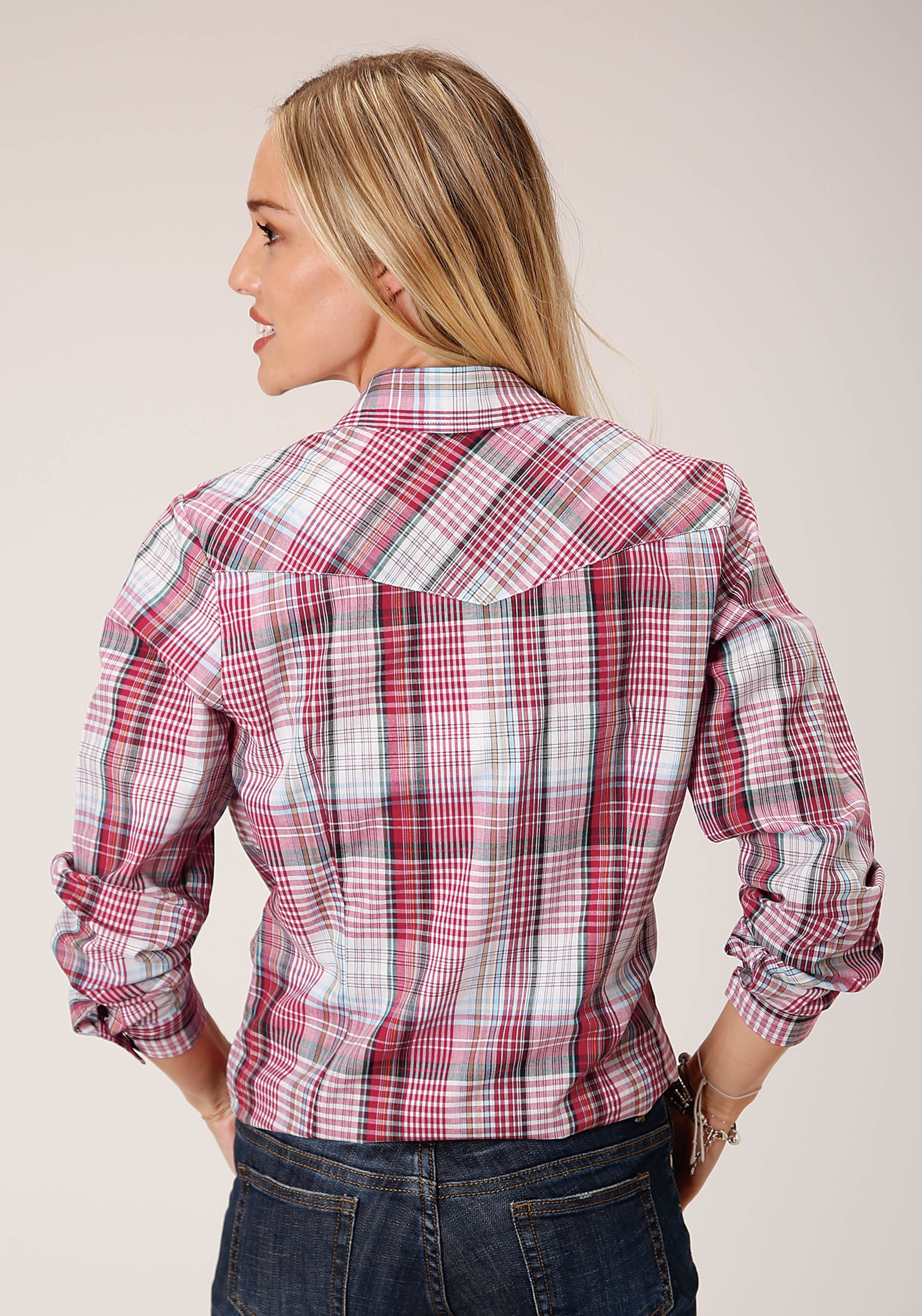 Roper Womens Long Sleeve Snap Red Primary Colors Plaid Western Shirt