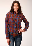 Roper Womens Long Sleeve Snap Wine And Peri Plaid Western Shirt - Roper