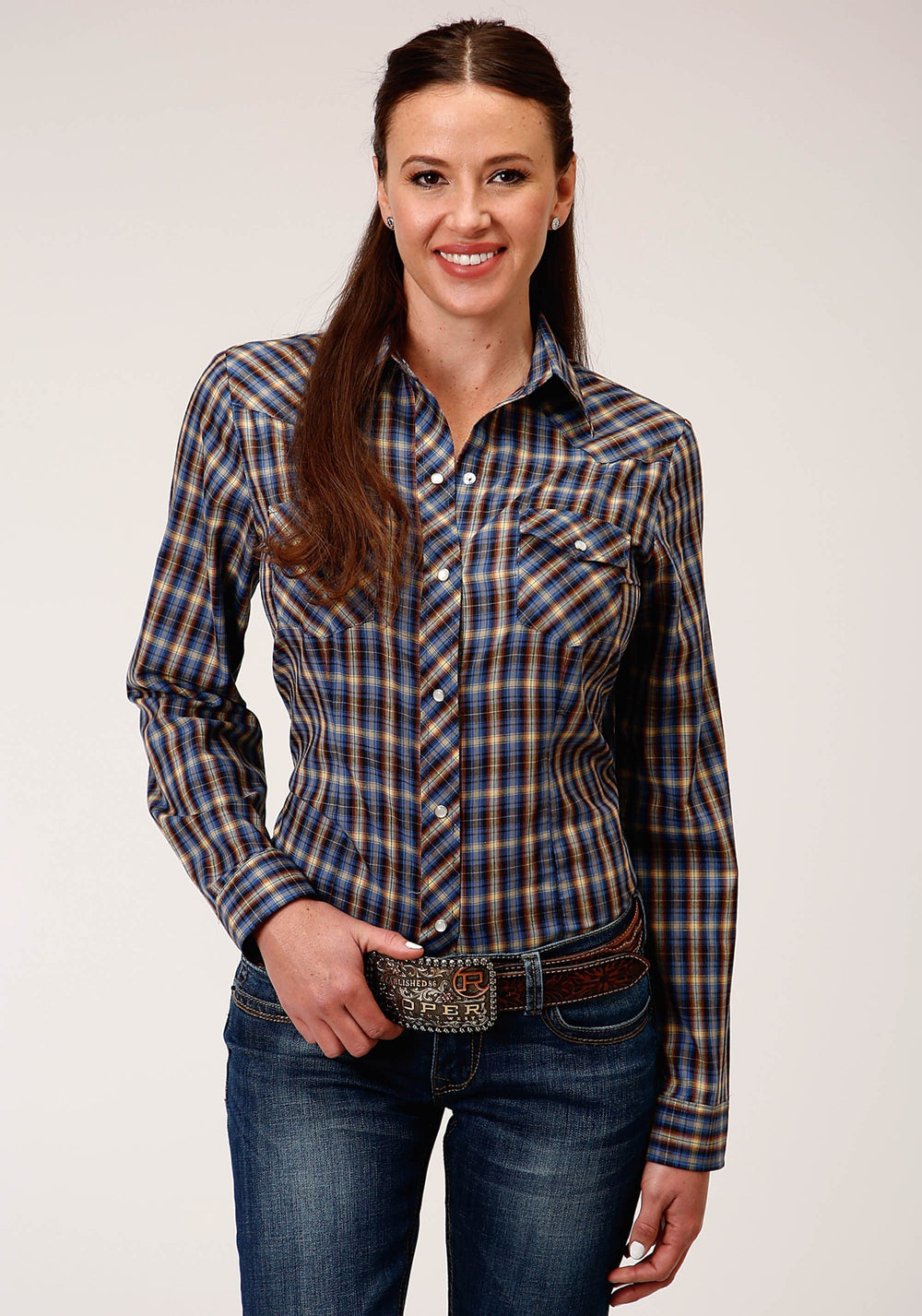 Roper Womens Long Sleeve Snap Royal Brown And Yellow Plaid Western Shirt - Roper
