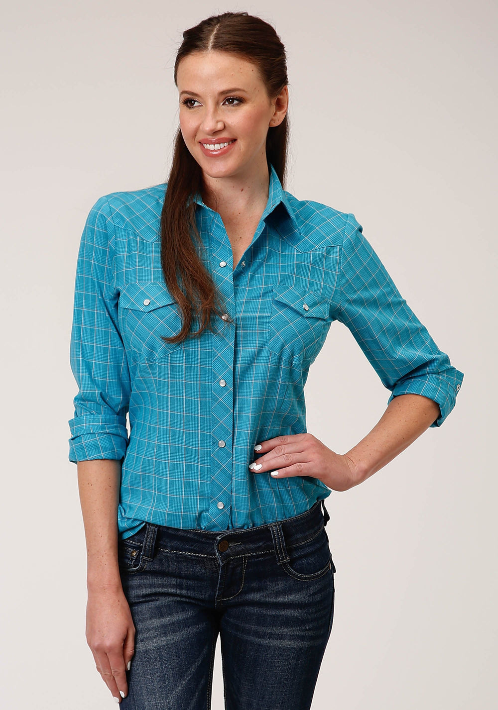 Roper Womens Long Sleeve Snap Turquoise Black And Orange Windowpane Plaid Western Shirt - Roper