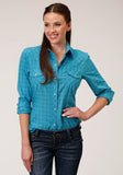 Roper Womens Long Sleeve Snap Turquoise Black And Orange Windowpane Plaid Western Shirt - Roper