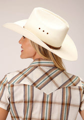 Roper Womens Short Sleeve Snap Cream Brown Green Lg Scale Plaid Western Shirt