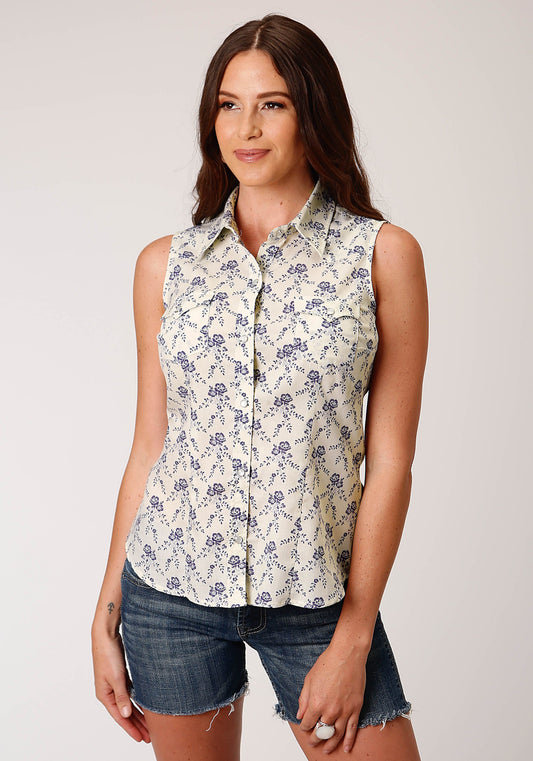 Roper Womens Sleeveless Snap Cream And Navy Vintage Floral Print Western Shirt