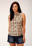 Roper Womens Sleeveless Snap Khaki Forest Green Cream Plaid Western Shirt - Roper