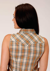 Roper Womens Sleeveless Snap Khaki Forest Green Cream Plaid Western Shirt - Roper - Flyclothing LLC